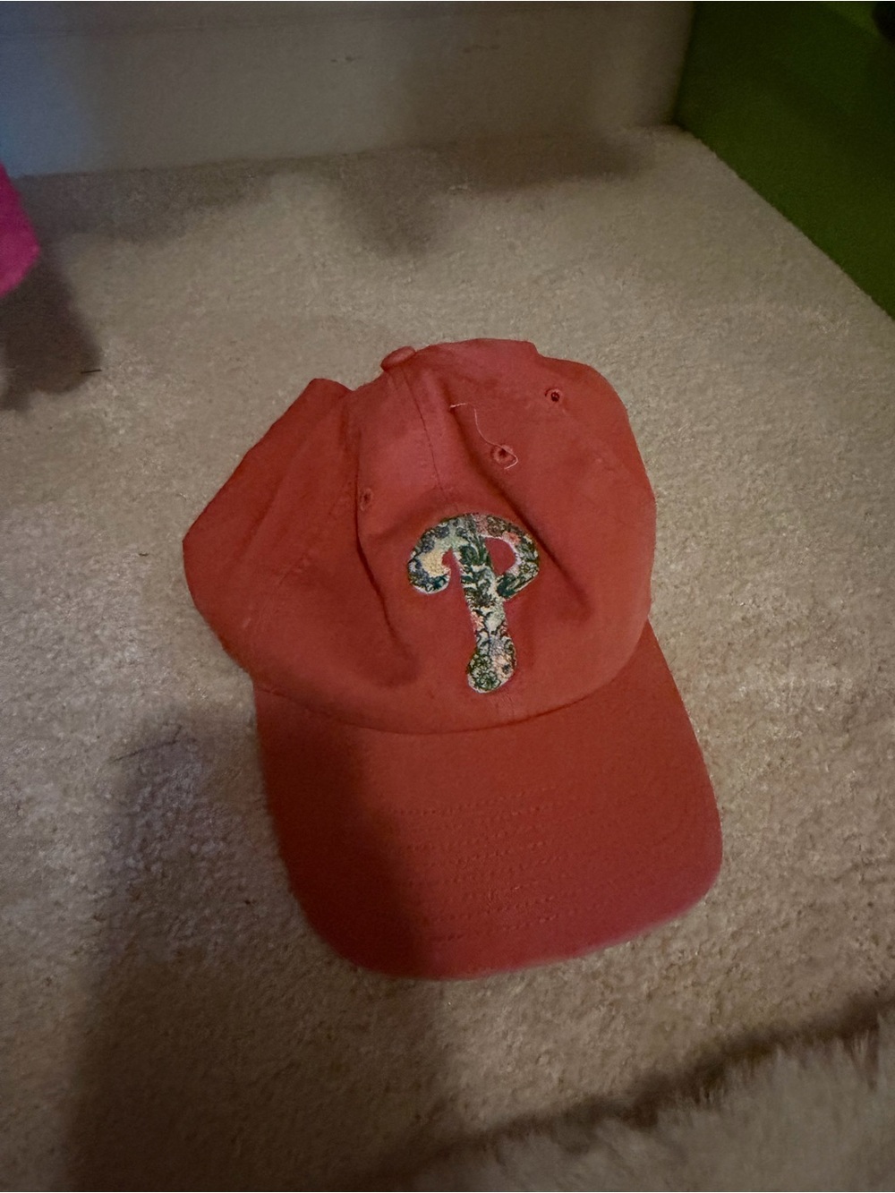 Anthropologie Kids Coral Baseball Cap with Floral 'P' Patch